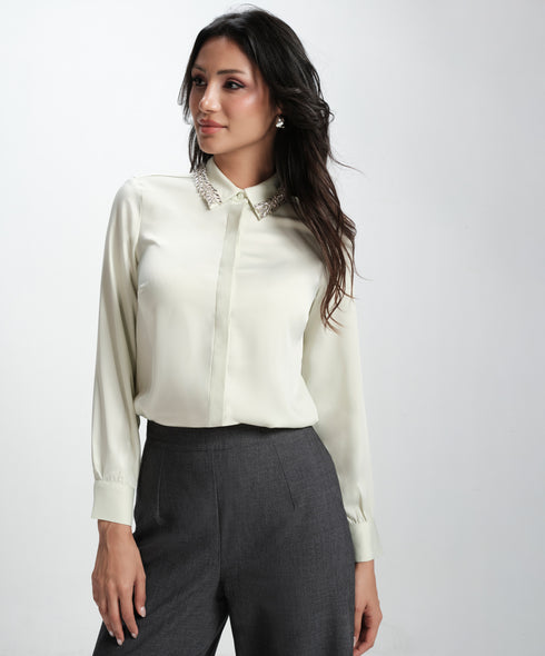 Collar Bead Detailed Chiffon Shirt